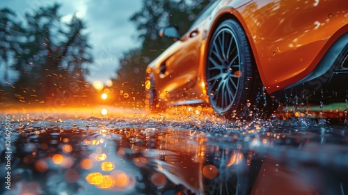 An orange sports car driving on a wet road with water splashes and sunset in the background conveys speed and luxury