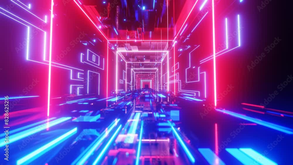 Hi-tech neon sci-fi tunel with hologram. Trendy neon glow lines form pattern and construction in mirror tunnel. Fly through technology cyberspace. 3d looped seamless 4k bright youth background. Hi-tech neon sci-fi tunel with hologram. Trendy neon glow lines form pattern and construction in mirror tunnel. Fly through technology cyberspace. 3d looped seamless 4k bright youth background.