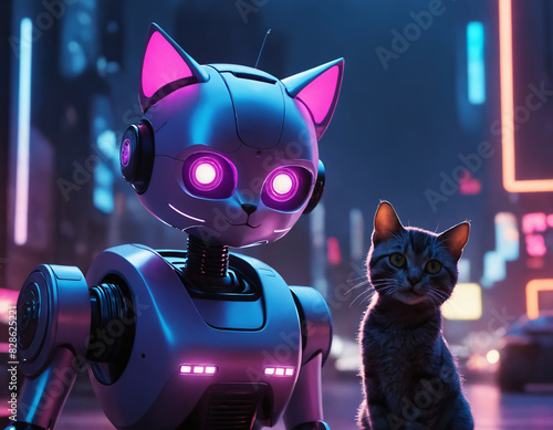 A cat sits quietly next to a robocat on a busy city street.  photo