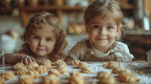 Adorable young sisters are making pastries in a kitchen, faces dusted with flour and surrounded by baked goods