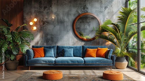 Contemporary living space with a bold blue velvet sofa, orange cushions, and round mirror on a concrete wall photo