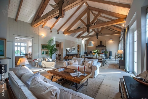 This beautifully designed spacious living room with exposed beams provides a best-seller potential wallpaper, encapsulating an abstract, yet homely background photo