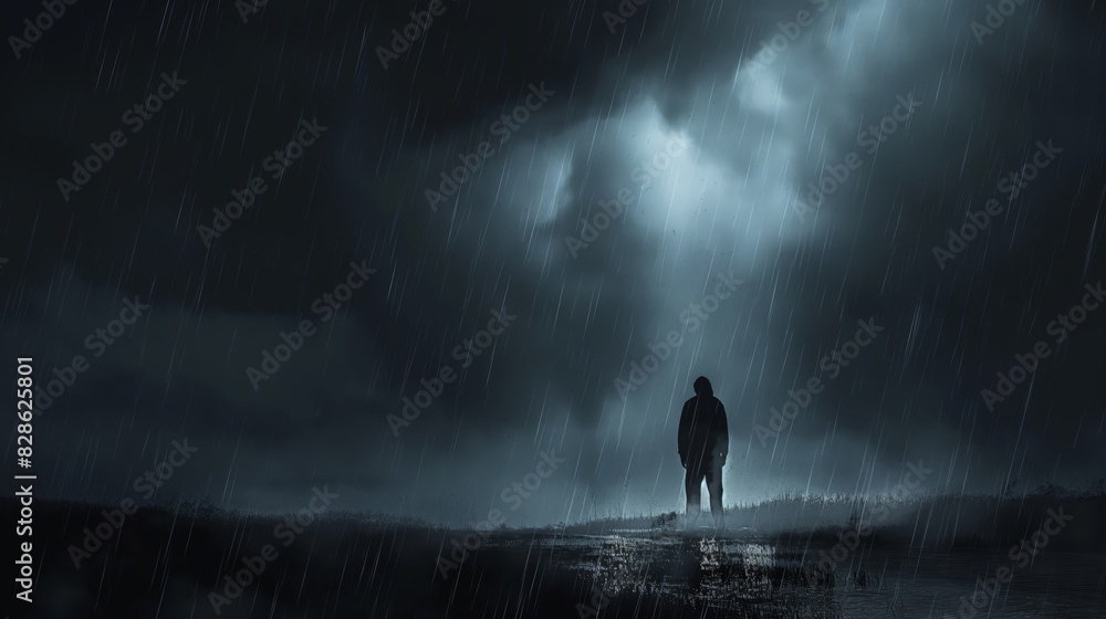 Obraz premium A man stands alone in the rain, looking up at the sky. Scene is somber and lonely
