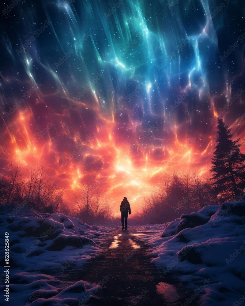 A lone person stands under a mesmerizing, colorful sky at night, surrounded by snow-covered trees in a magical winter landscape.