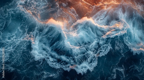 A mesmerizing top view of rough ocean waves with a blurred area that covers an unknown object or imperfection