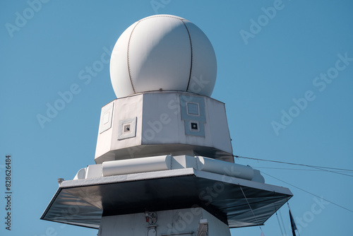 Closeup of a radar installation on a modern warship.