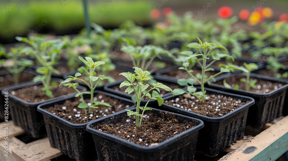 A series of seedling palettes were laid out on the ground, each containing different types and sizes of plant seeds in black plastic pots filled with rich soil. A series of seedling palettes were laid out on the ground, each containing different types and sizes of plant seeds in black plastic pots filled with rich soil.