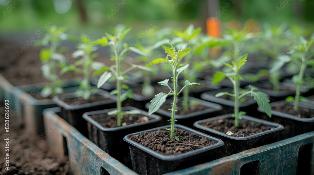 A series of seedling palettes were laid out on the ground, each containing different types and sizes of plant seeds in black plastic pots filled with rich soil. A series of seedling palettes were laid out on the ground, each containing different types and sizes of plant seeds in black plastic pots filled with rich soil.