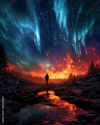 Silhouette of person admiring stunning night sky filled with vibrant auroras over a serene landscape reflecting the celestial display.