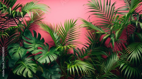 Lush tropical greenery against a vibrant pink backdrop creating a fresh botanic composition