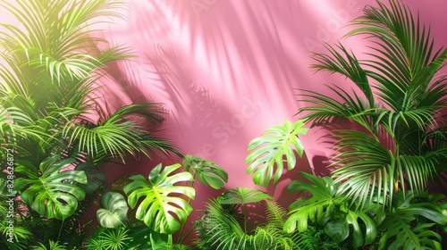 A lush display of tropical greenery casting shadows on a vibrant pink background, embodying a summery, exotic feel photo