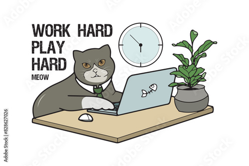 cat businessman at the table, hard working black cat, cute, kawaii, british shorthair