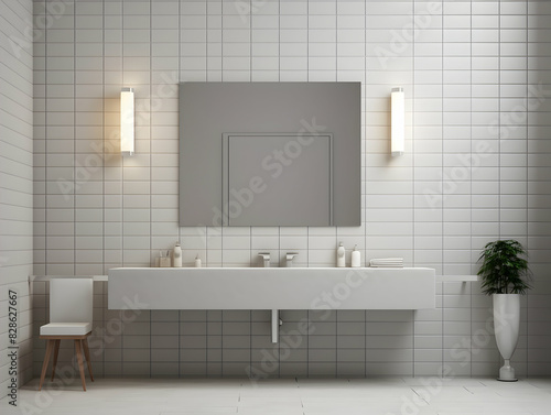 Modern and minimal Bathroom interior design  Modern minimalist bathroom interior  modern bathroom cabinet  white sink  wooden vanity  interior plants  bathroom accessories  bathtub and shower