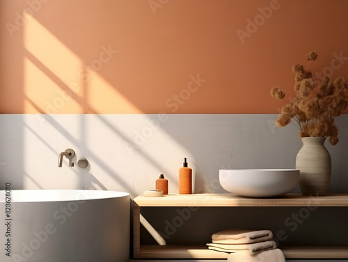 Modern and minimal Bathroom interior design  Modern minimalist bathroom interior  modern bathroom cabinet  white sink  wooden vanity  interior plants  bathroom accessories  bathtub and shower