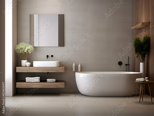 Modern and minimal Bathroom interior design  Modern minimalist bathroom interior  modern bathroom cabinet  white sink  wooden vanity  interior plants  bathroom accessories  bathtub and shower