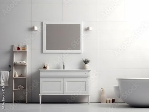 Modern and minimal Bathroom interior design  Modern minimalist bathroom interior  modern bathroom cabinet  white sink  wooden vanity  interior plants  bathroom accessories  bathtub and shower