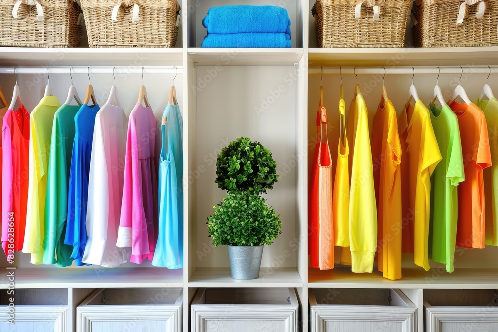 Organized Wardrobe with Colorful Clothes