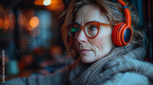 Lofi Lo-fi woman in her 50s with glasses and headphones in her office in front of a desk, half profile, kind of nerdy, coding, dark ambience, dark color palette, cozy, book, business photo