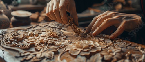 A man is carving a piece of wood with a knife photo