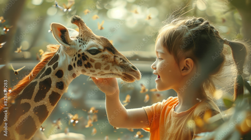 Naklejka premium A young girl is petting a giraffe