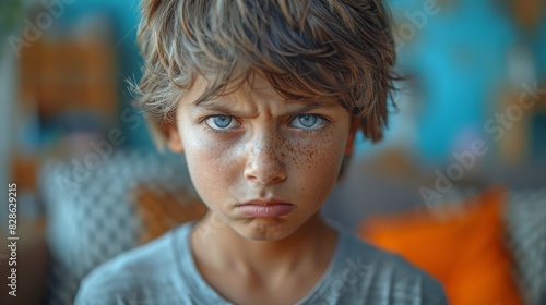 A boy gazes with a subdued look and puckered brow, hinting at sadness or concern