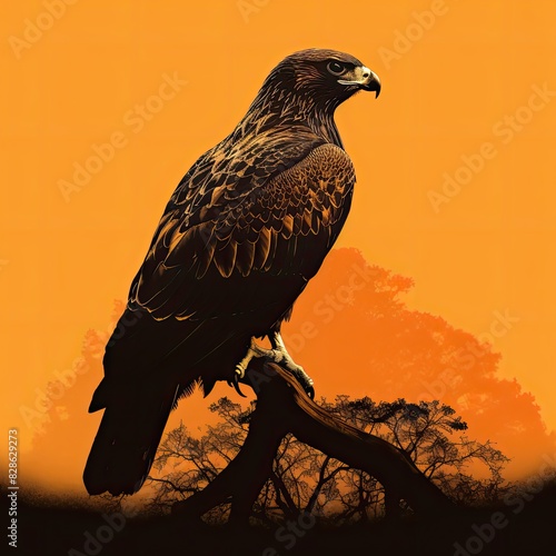Eagle bird of prey, sitting on tree, portrait illustration, drawing on orange background,