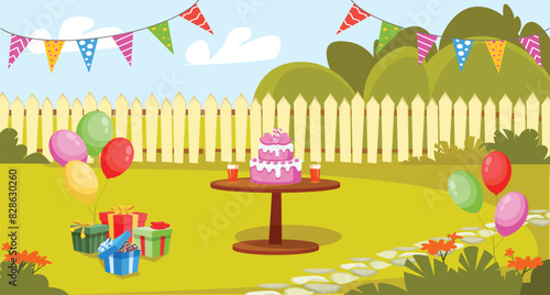 Birthday party decoration in garden on backyard. Festive table with cake, balloons, garlands and gifts outside. Children celebration on lawn front of wooden fence. Cartoon vector illustration