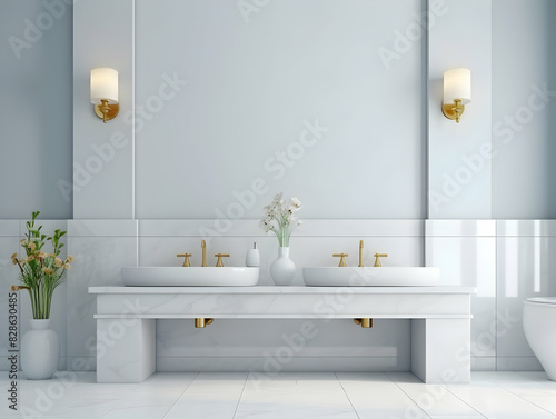 Modern and minimal Bathroom interior design  Modern minimalist bathroom interior  modern bathroom cabinet  white sink  wooden vanity  interior plants  bathroom accessories  bathtub and shower  white a