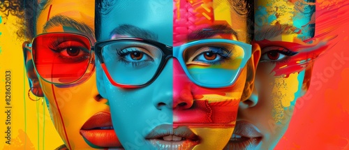 Portrait of a woman with glasses. Her face is painted in bright colors. photo