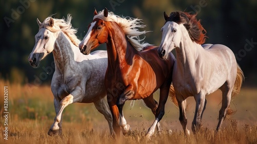 Beautiful horses running through a field 