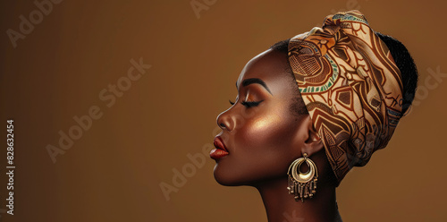 A beautiful black woman with an elegant headscarf and large earrings, showcasing her gorgeous lips in profile against the backdrop of warm brown tones.