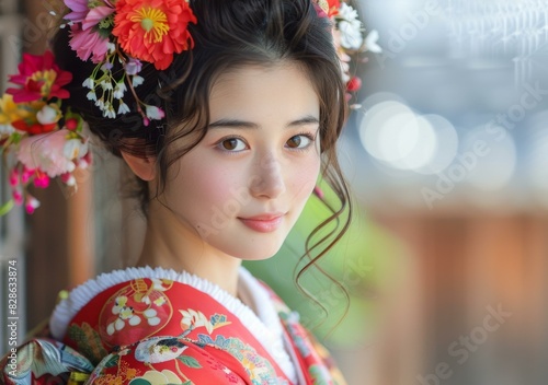 Portrait of a beautiful Japanese woman in traditional kimono