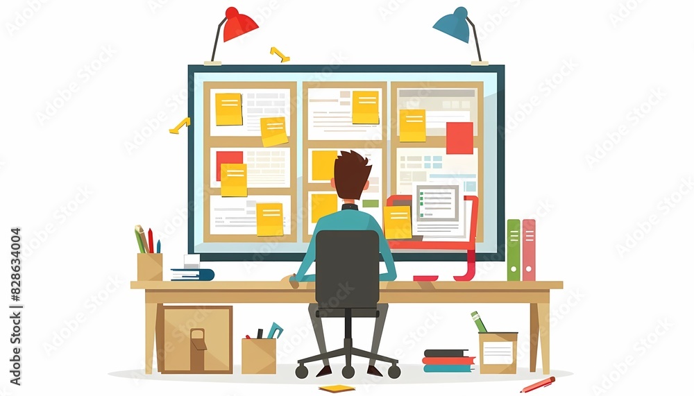 Visualize a flat design of a project planning board with sticky notes Visualize a flat design of a project planning board with sticky notes