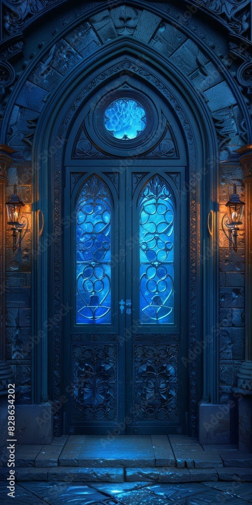 Ornate Blue Doorway with Glass Panels in a Gothic Building