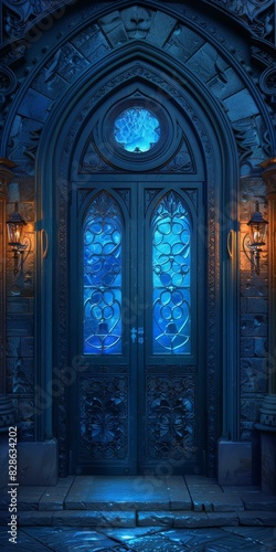 Ornate Blue Doorway with Glass Panels in a Gothic Building