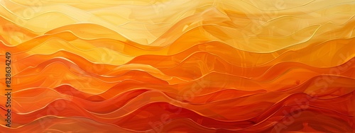 An abstract painting with layers of neat lines in varying shades of orange.
