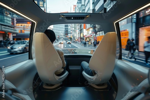 Passengers in a futuristic autonomous vehicle with a spacious interior, showcasing advanced self driving technology and modern urban mobility