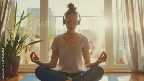 Wallpaper Mural Natural morning light surrounds a woman meditating with headphones, captured in a tranquil and harmonious home setting Torontodigital.ca