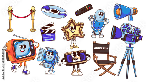 Groovy cartoon cinema characters and stickers set. Funny retro TV and video cassette, clapperboard and directors chair, star. Cartoon cinema mascots collection of 70s 80s style vector illustration