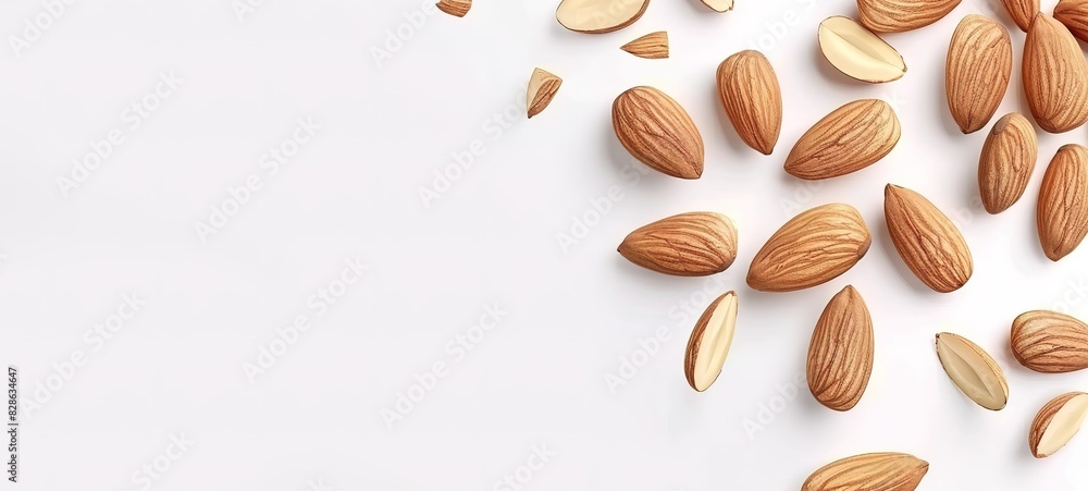 Row of Almond seeds in photo over white background Row of Almond seeds in photo over white background