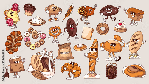 Groovy bread cartoon characters and bakery assortment stickers set. Funny retro loaf and French baguette, croissant, toast, bun. Cartoon bread mascots collection of 70s 80s style vector illustration