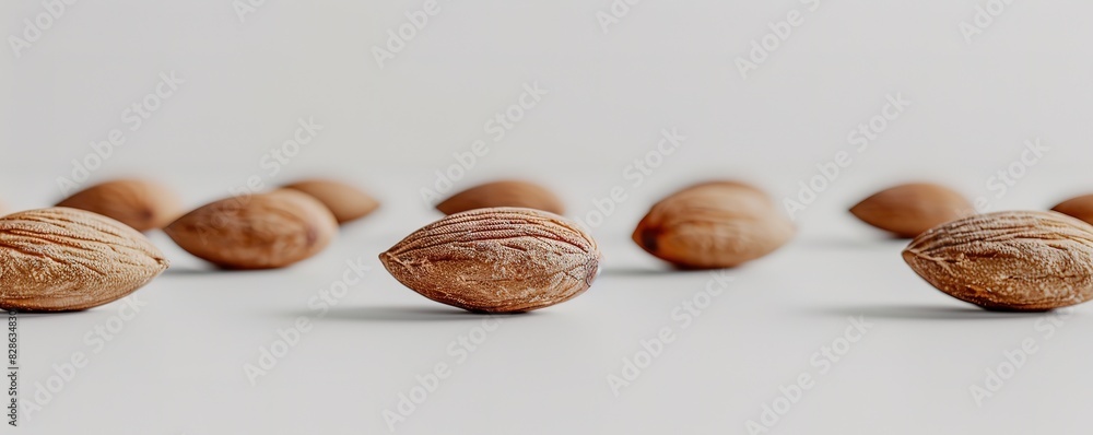 Fototapeta premium Row of Almond seeds in photo over white background