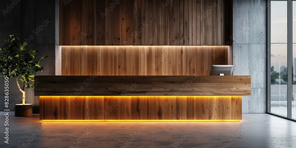 Modern reception desk with warm ambient lighting in contemporary office interior. Stylish reception desk made of dark wood in an office with concrete walls and accent lighting, Modern reception desk with warm ambient lighting in contemporary office interior. Stylish reception desk made of dark wood in an office with concrete walls and accent lighting,