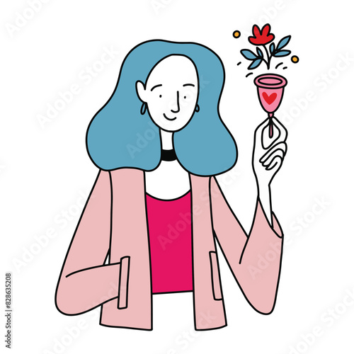 Girl with menstrual cup with flowers. Vector illustration (ID: 828635208)