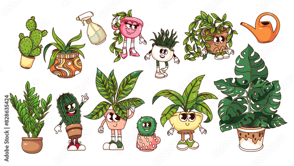 Groovy plants of home garden cartoon characters and stickers set. Funny retro funky potted cactuses and comic tropical plants, cartoon houseplants mascots of 70s 80s style vector illustration Groovy plants of home garden cartoon characters and stickers set. Funny retro funky potted cactuses and comic tropical plants, cartoon houseplants mascots of 70s 80s style vector illustration