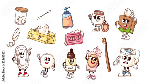 Groovy hygiene cartoon characters and stickers set. Funny retro dental and body hygiene, cosmetic bottle mascots, cleanliness in bathroom cartoon collection of 70s 80s style vector illustration