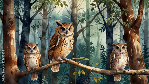 Watercolor painting: A scene of forest birds, such as a family of owls perched on a branch, or a flock of songbirds flitting among the foliage. photo