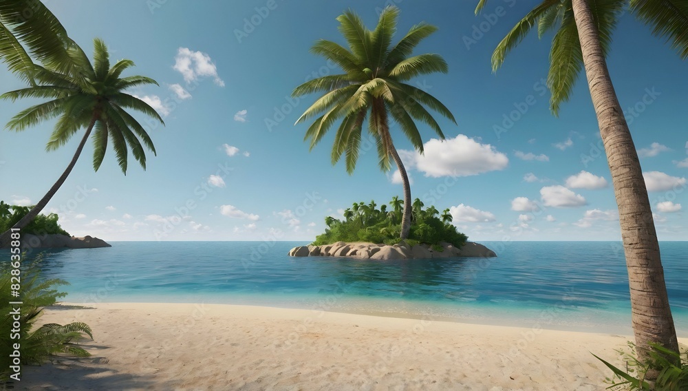 Obraz premium 3D render of a tropical background with palm tree island