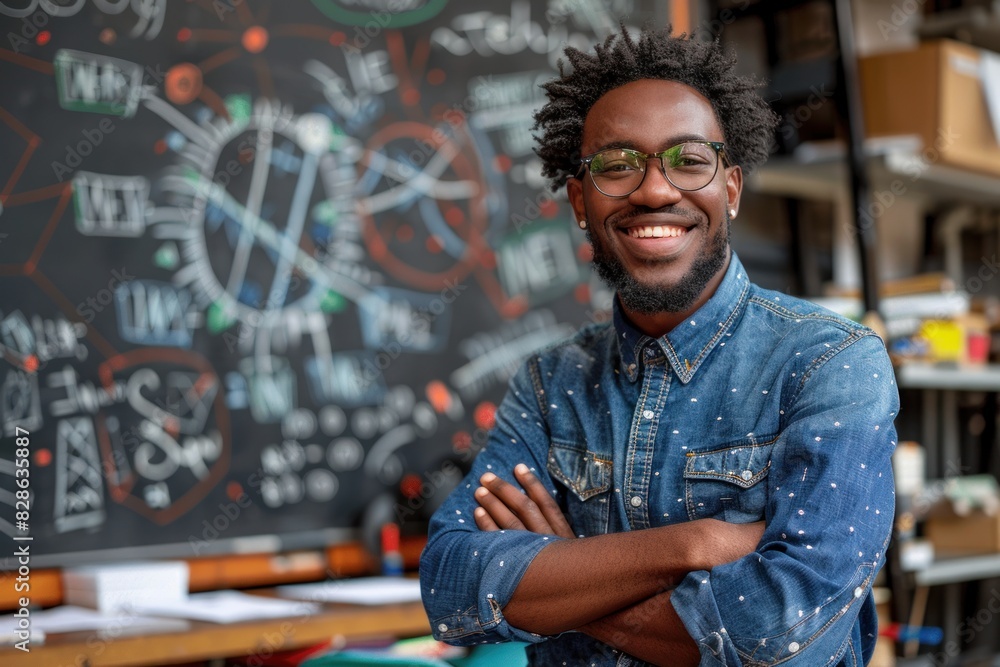 A man stands in front of a blackboard covered with mathematical writing, explaining concepts A man stands in front of a blackboard covered with mathematical writing, explaining concepts