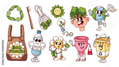 Groovy eco friendly organic products and cartoon characters set. Funny retro creative ideas and eco mindset cartoon stickers, reusable and recycle material mascots of 70s 80s style vector illustration
